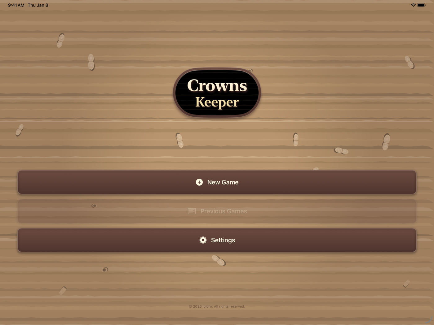 Crowns Keeper home screen on iPad